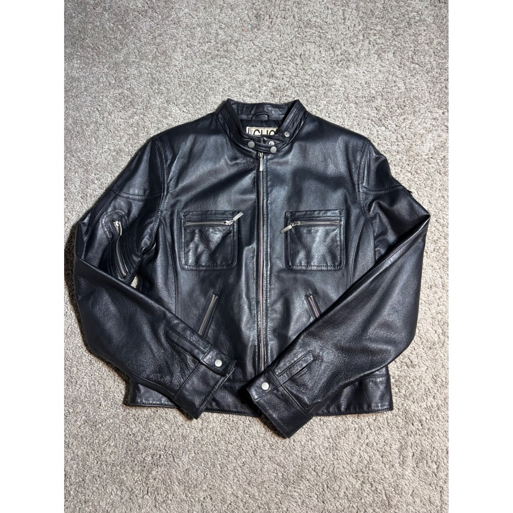Clio Leather Black Moto Jacket WomenSize 8 Cafe Racer Genuine Leather Zip Up Y2K
